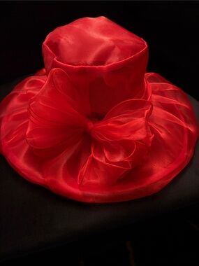 Women's Red Organza Dress Hat with Decorative Bow